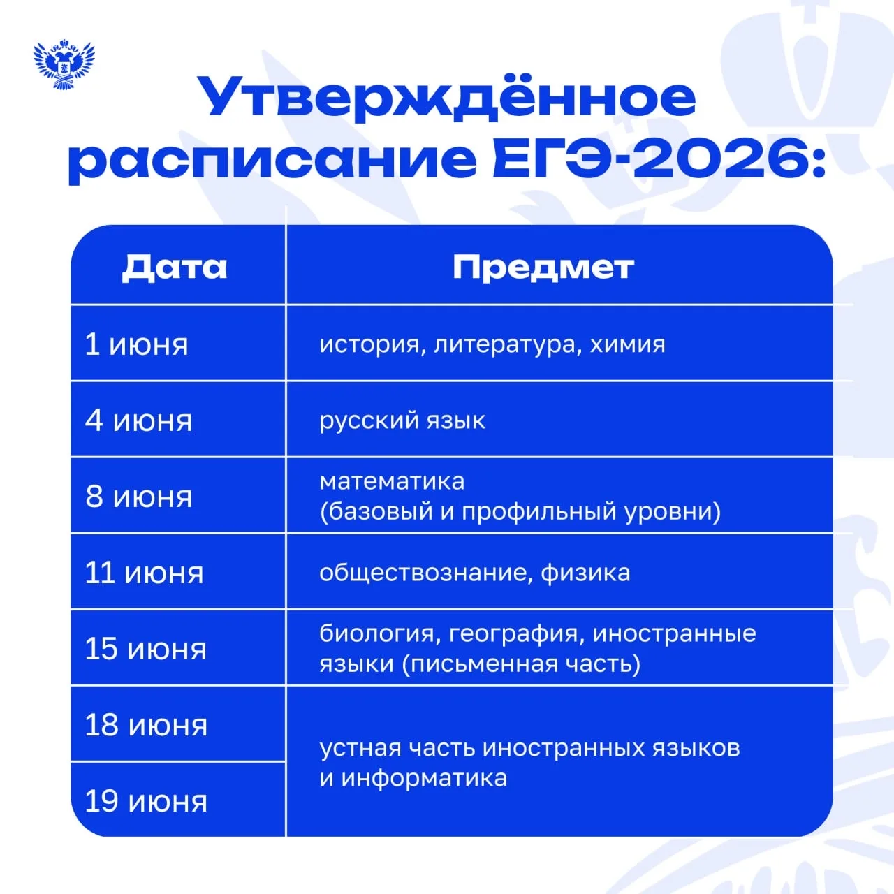Утверждено расписание ОГЭ и ЕГЭ на 2026 год.